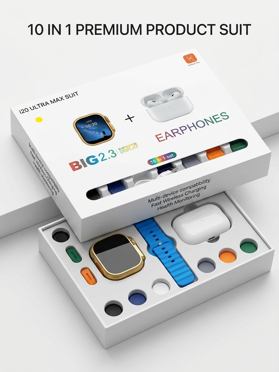 🌟 i20 Ultra Max Suit – 10-in-1 Smartwatch Combo Set 🎁